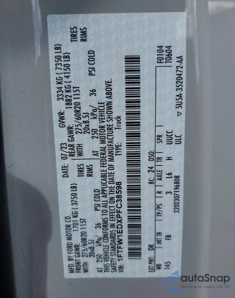 2023 Ford F150 Supercrew z USA, uszkodzony, nr VIN 1FTFW1EDXPFC38598